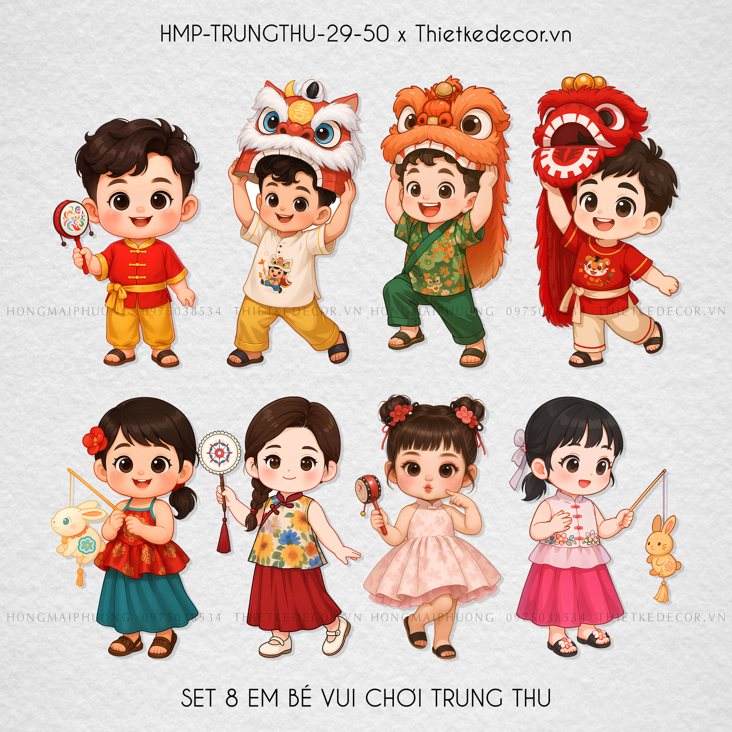 Set 8 chibi bé trai gái  vui hội trăng rằm